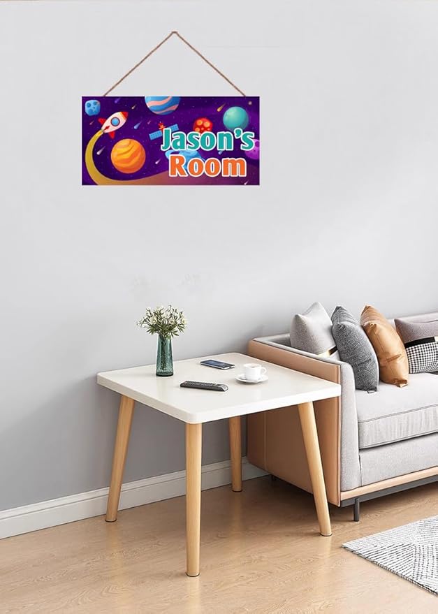 Personalized Rocket Sign Outer Space Themed For Kids Room Nursery Baby Playroom Door Decor,Custom Name Stars Satellite Wall Decor Decorative Plate for Boys Room Girls Bedroon