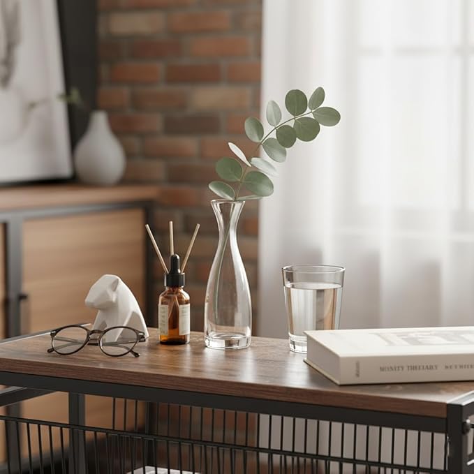 Small Side Table for Small Spaces - Slim End Table with Magazine Holder - 2 in 1 Design Narrow End Table Living Room - Skinny Bedside Table Nightstand Bedroom Thin Side Table, Rustic Brown