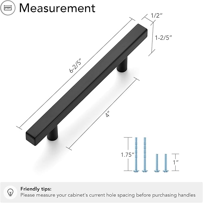 Ravinte Cabinet Handles 10 Pack - 4 Inch Hole Center Matte Black Square Pulls, Kitchen Hardware 6-3/8 Inch Overall Length, Drawer Pulls