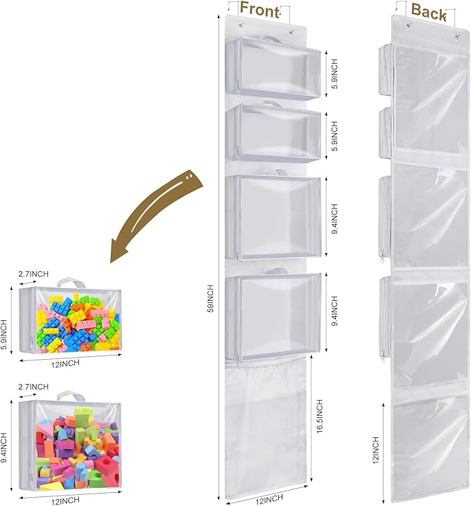 Hanging Toy Storage over Door, Block Stuffed Animal Organizer Idea with 4 Removable Case Bag, Bi-Fold Closet Holder with Mesh Pocket for Kid Boy Girl