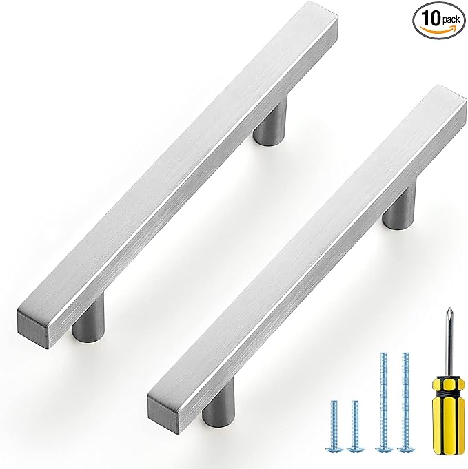 Ravinte Brushed Nickel Cabinet Handles 10 Pack 3-3/4 inch Satin Nickel Square Cabinet Pulls Silver Hardware for Kitchen Cabinets 6 inch Overall Length Stainless Steel Drawer Pulls