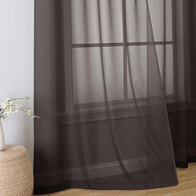 Aiyufeng Chocolate Brown Sheer Curtains 90 Inches Long 2 Panels, Solid Voile Rod Pockets Stylish Breathable Drapes Window Treatment for Kid's Room/Bedroom/Living Room, 42W x 90L, Chocolate Brown