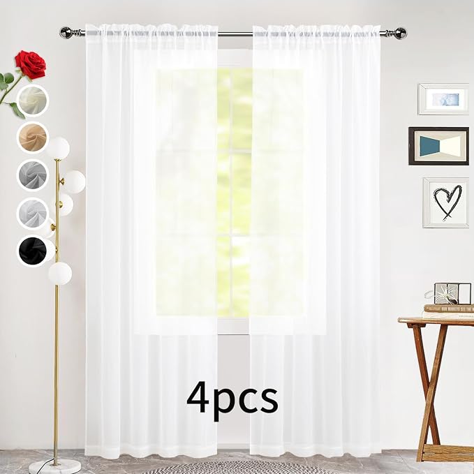 SpaceDresser Sheer White Curtains 4 Panels Rod Pocket Semi-Sheer Curtain 108 - Image 2