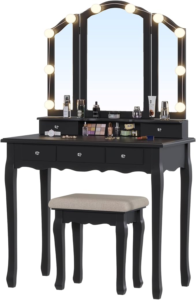 Tiptiper Makeup Vanity with Lights, Vanity Desk with 10 Light Bulbs & 3 Color Lighting Modes, Vanity Table with 5 Drawers and Cushioned Stool, Makeup Table with Tri-Fold Mirror for Women Girls, Black