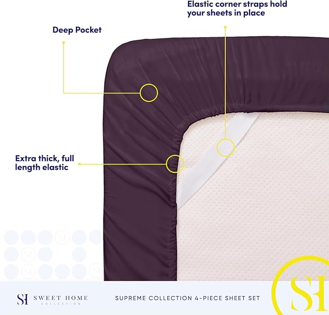 Split King Sheets - Breathable Luxury Sheets with Full Elastic & Secure Corner Straps Built In - 1800 Supreme Collection Extra Soft Deep Pocket Bedding Set, Sheet Set, Split King Size, Purple