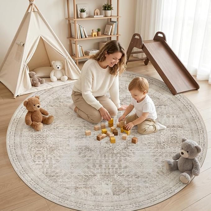 Round Area Rug Living Room: 8ft Neutral Washable Carpet Rug Brown | Vintage - Image 3