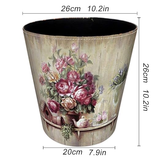 10L/2.64 Gallon Trash Can, Decorative Waste Basket, PU Leather Waste Paper Basket, Waterproof Garbage Can for Bathroom, Bedroom, Office, Kitchen and Living Room - Flower-5