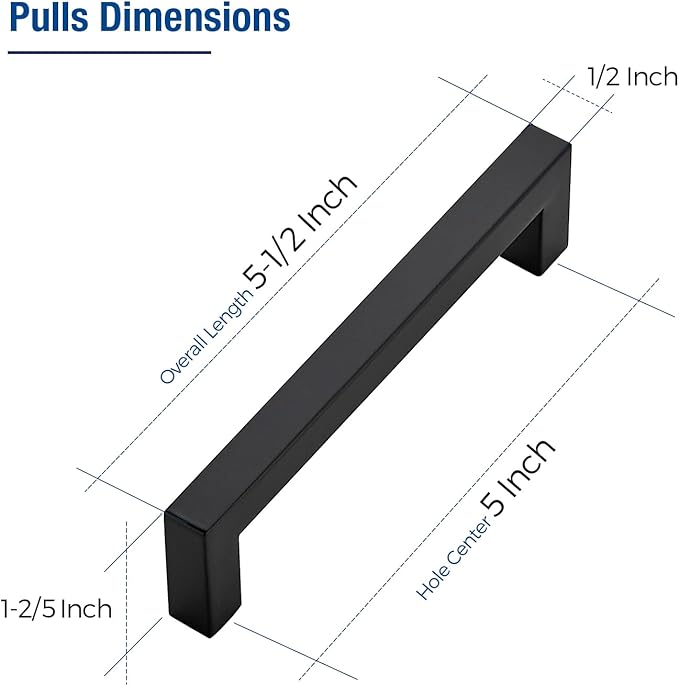 JOY DECOR 30 Pack Cabinet Handles, Black Cabinet Pulls, 5 Inch Kitchen Closet Handles Square Drawer Pulls Stainless Steel Drawer Hardware, 128mm Hole Centers