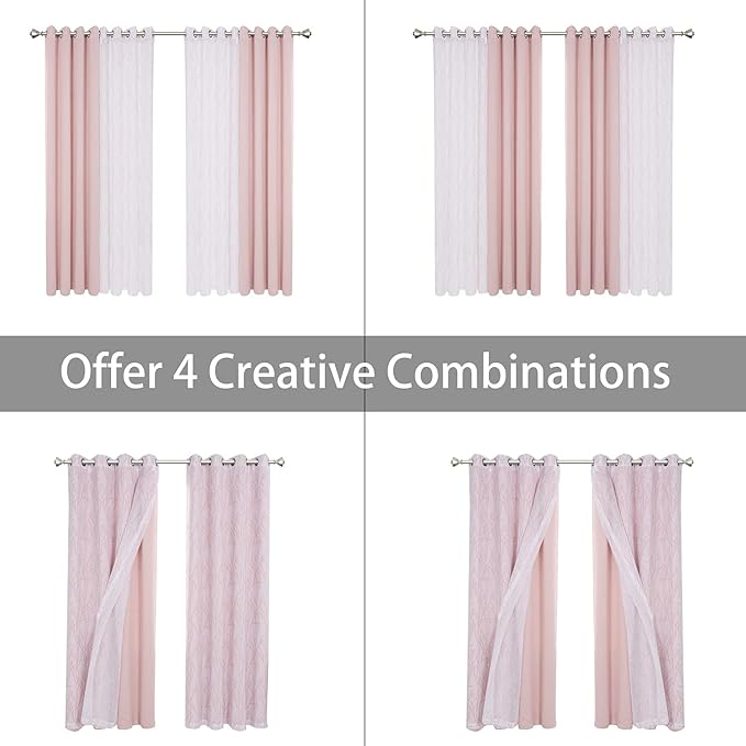 BONZER Mix and Match Curtains - 2 Pieces Branch Print Sheer Curtains and 2 Pieces Blackout Curtains for Bedroom Living Room Grommet Window Drapes, 54x84 Inch/Panel, Blush, Set of 4 Panels