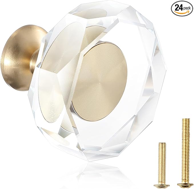 24-Pack 1-1/4-Inch White Cabinet Glass Crystal Patterned knob Brass Drawer Dresser Pulls, Gold Hardware Kitchen Closet knobs for Bifold Doors