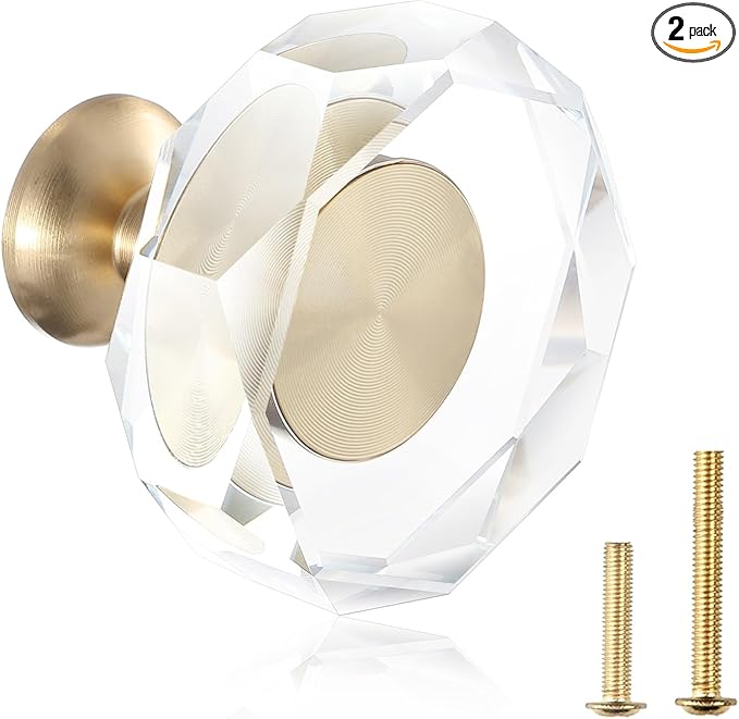 2-Pack 1-1/4-Inch White Cabinet Glass Crystal Patterned knob Brass Drawer Dresser Pulls, Gold Hardware Kitchen Closet knobs for Bifold Doors