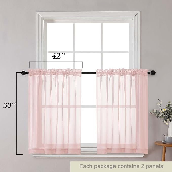 Blush Kitchen Curtains 30 Inch Length Tier 2 PCS, Solid Soft Airy Half Curtains - Image 2