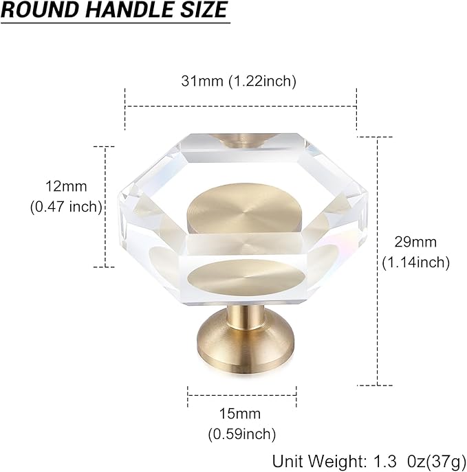 12-Pack Brass Base Crystal Drawer Knobs,Glass Crystal Gold Cabinet Knobs,1-5/16-Inch Hexagon,Kitchen Hardware Pulls, Modern Bathroom Hardware knob