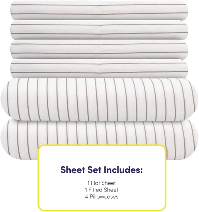 Queen Sheets Pinstripe White - 6 Piece 1500 Supreme Collection Fine Brushed Microfiber Deep Pocket Queen Sheet Set Bedding - 2 Extra Pillow Cases, Great Value, Queen, Pinstripe White