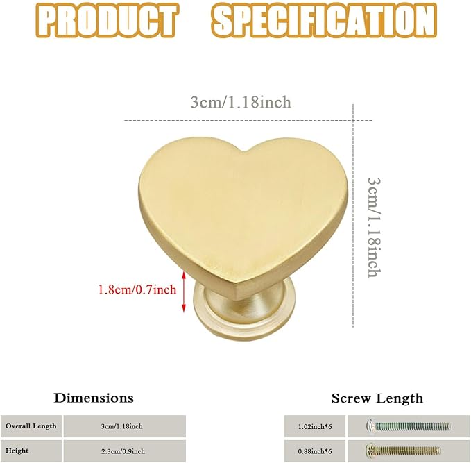 6 Pcs Brass Heart-Shaped Gold Cabinet Knobs, Suitable for Bathroom & Kitchen Drawer Pulls