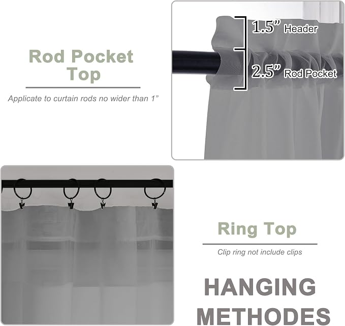 Grey Sheer Curtains 72 Inches Long 2 Panels Set, Transparent Voile Sheer Curtain - Image 4