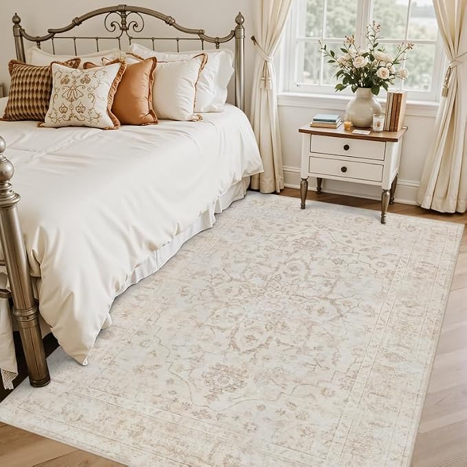 5x7 Area Rugs Living Room: Bedroom Washable Carpet Warm Beige | Vintage Boho - Image 2