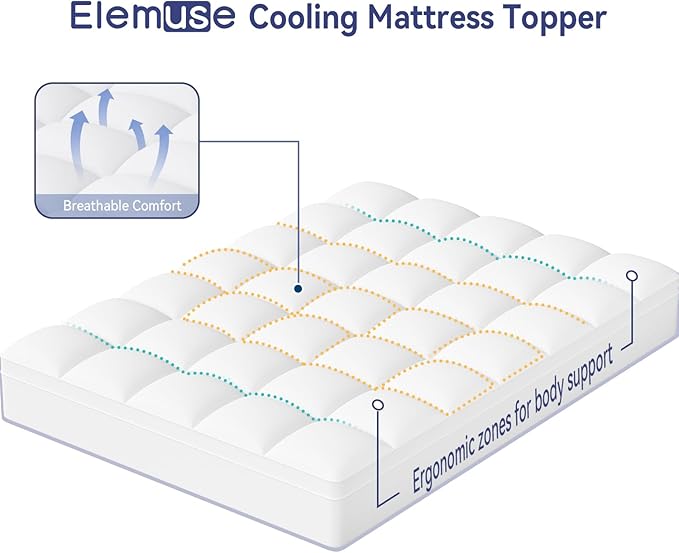ELEMUSE Queen Mattress Topper for Back Pain, Extra Thick Mattress Pad Cover, Plush Soft Pillowtop with Elastic Deep Pocket, Overfilled Down Alternative Filling