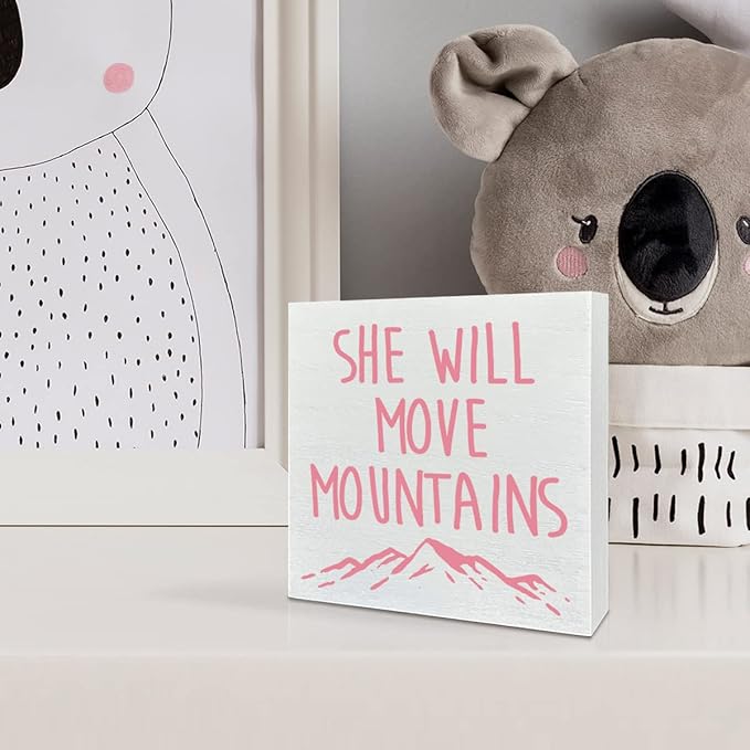 Wooden Box Sign: She Will Move Mountains - Inspirational Girls Room Decor, Motivational Nursery Gift for Baby Showers