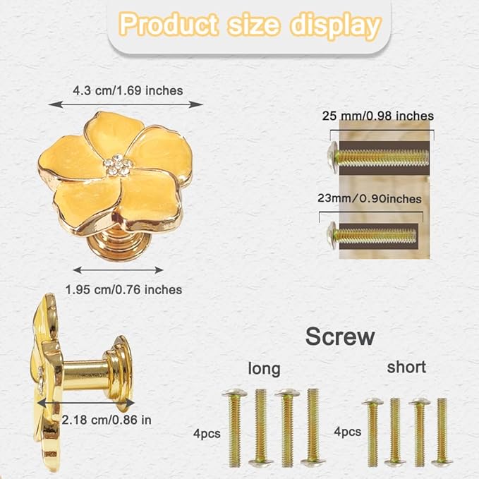 4 pcs Petal Knob Handle Unique Zinc Alloy Flower Shape Single Hole Knob Handle for Cabinets,Drawers, Wardrobes Furniture Decoration(Yellow)