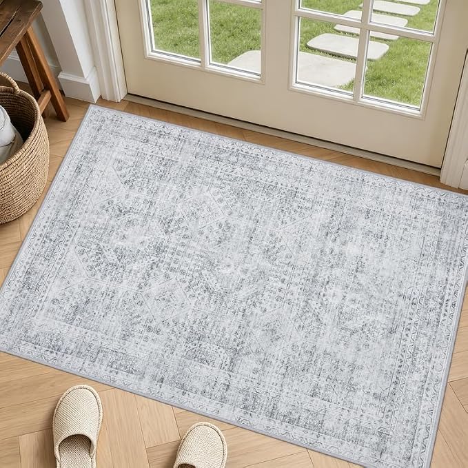 Washable Area Rugs 2x3: Neutral Living Room Bedroom Carpet Gray | Vintage Boho by Luxturiy