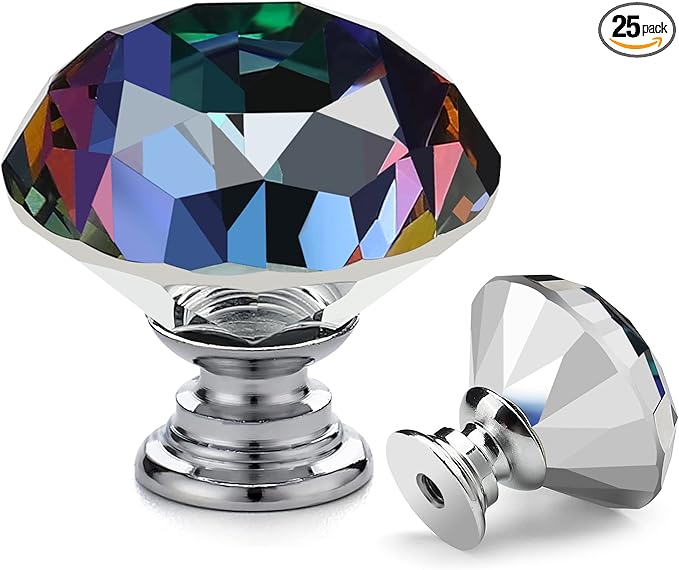 Ravinte 25 Pack Colorful Crystal Drawer Knobs - Diamond Shaped, 30 mm with Black Base