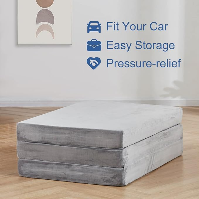 SINWEEK 4" Cot Memory Foam Folding Mattress with Storage Bag - Foldable Trifold Floor Bed Topper, CertiPUR-US Certified Guest Sleeping Pad, Machine Washable Cover