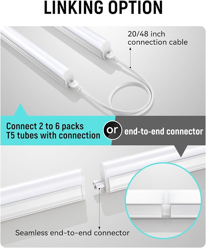 (2 Pack 4FT T5 LED Shop Light,6500K,20W,2300LM(Super Bright White) Linkable LED Integrated Fixture,Garage Ceiling and Cabinet Light,Strip Light,Corded Electric with ON/Off Switch