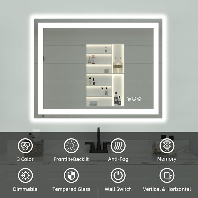 48"x 38" LED Bathroom Mirror with Lights, Double Lighting Sources Dimmable, Backlit + Front Lit, Anti-Fog, Lighted Bathroom Vanity Mirror for Wall(Horizontal/Vertical)