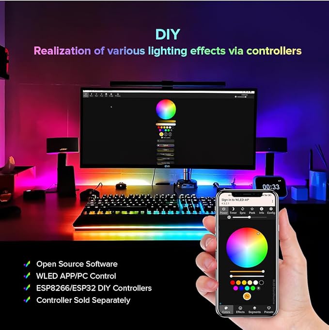 BTF-LIGHTING WS2812B IC RGB 5050SMD Pure Gold Individual Addressable LED Strip 3.28FT 144LED 144Pixel/m Flexible Full Color IP65 DC5V for DIY Chasing Color Project(No Adapter or Controller)