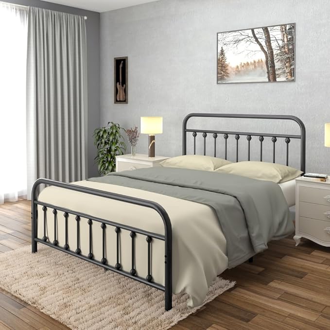 Golden Gate Beds Vintage Style Metal Bed Frame with Wrought Iron Headboard and Footboard, Classic Platform Bedframe with Storage, No Box Spring Needed, Mattress Foundation, Black, Queen Size