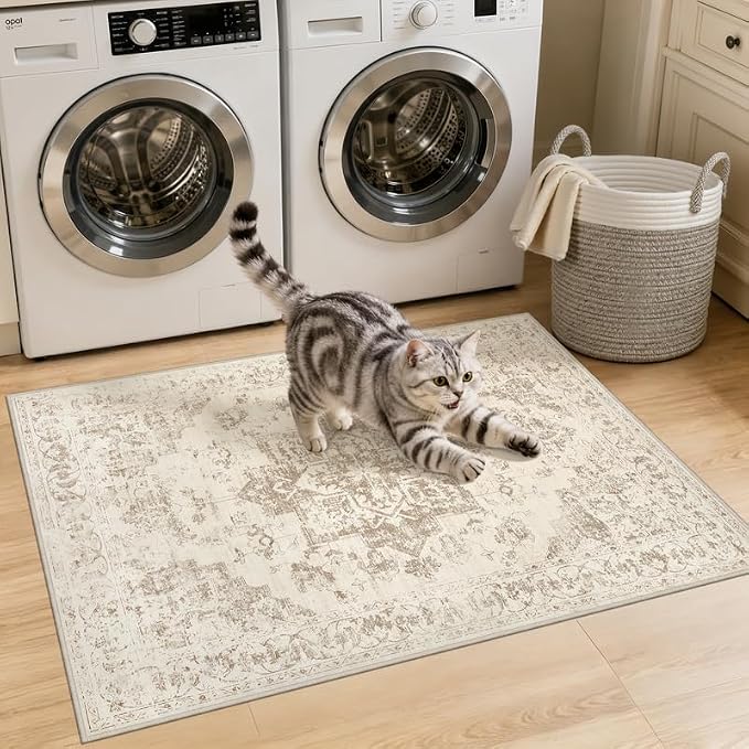 Washable Area Rugs 2x3: Living Room Bedroom Carpet Beige/Ivory | Vintage Boho - Image 2