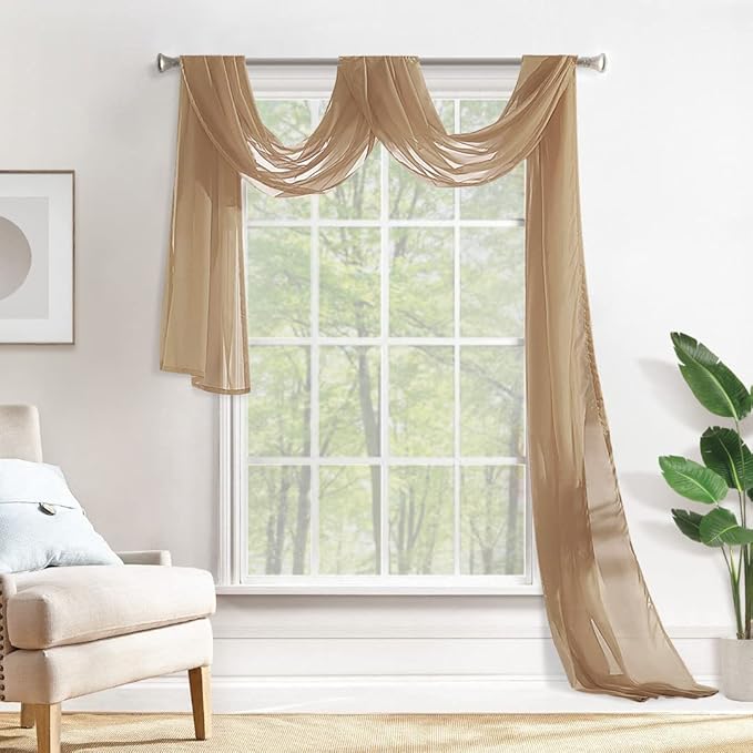 MIULEE Luxury Window Scarf Sheer Voile Elegant Topper Long Valance Solid Treatment Swags Drapes for Window Ceremony Wedding Canopy Bed 54" x 216" Brown 1 Piece