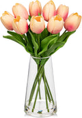 Fake Tulips Artificial Tulip Flowers in Glass Vase with Faux Water, 14.2" Real Touch Peach Tulip Flowers Spring Décor for Table Centerpiece Home Farmhouse Resto Wedding Decoration