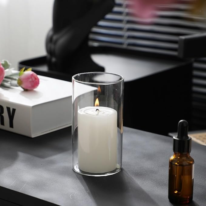Set of 3 White Pillar Candles and Glass Candle Holders, Clear Cylinder Vases Pillar Candle Holders for Pillar Candles, Hurricane Candle Set for Party, Table, Home Decor, Wedding Centerpieces