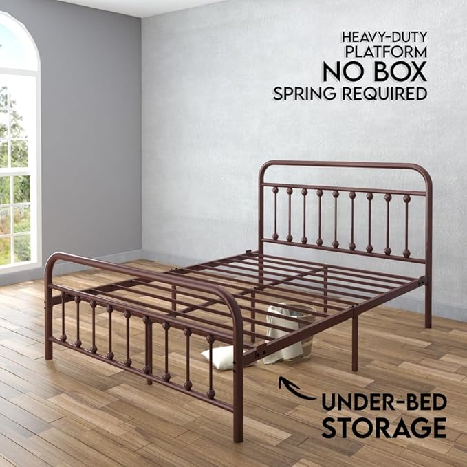 Golden Gate Beds Vintage Wrought Iron BedFrame with Classic Metal Platform Base, Headboard and Footboard, No Box Spring Needed, Easy Assembly, Mattress Base , Noise-Free, Sleek Brown Finish, Full Size