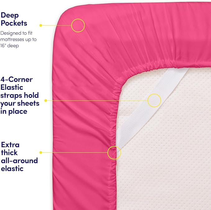 Sweet Home Collection Full Size Sheet Set with Built-in Sheet Straps - Deep Pocket Fitted Sheet, Flat Sheet & Pillowcases - Soft, Wrinkle-Free, Secure Fit - Fuschia