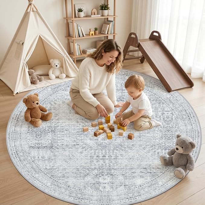 Round Area Rug Living Room: 8ft Neutral Washable Carpet Rug Gray | Vintage Boho - Image 3