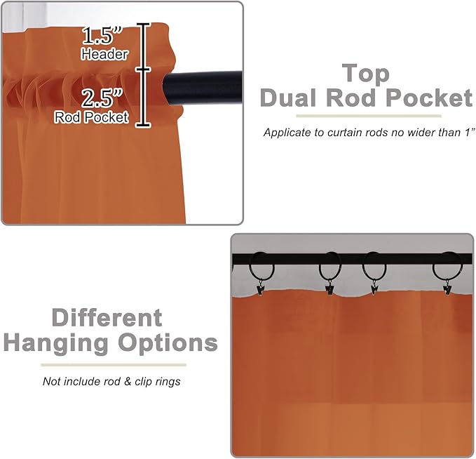 Orange Kitchen Curtains 30 Inch Length Tier 2 PCS, Solid Soft Airy Half Curtains - Image 4