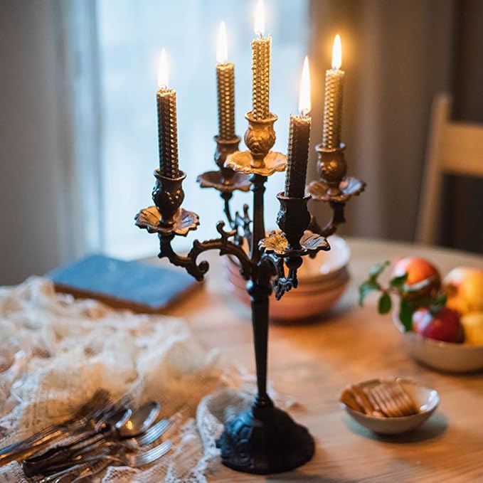 Sungmor Heavy Duty Cast Iron Candlestick Holders - Handcrafted Vintage Candelabra - 17Inch Tall & 5 Arms Candle Holders - Decorative Pillar Candle Stand for Christmas Birthday Wedding Home Party