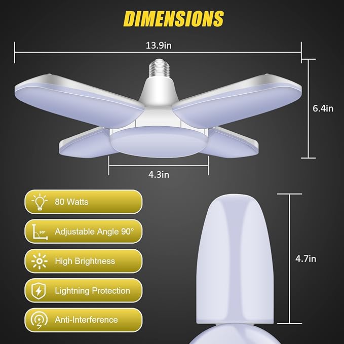 LED Garage Lights 2 Pack, 4 Foot Adjustable Ceiling Light, 6500k 8000LM Deformable E26/E27 Garage Lights for Shop, Basement, Workshop