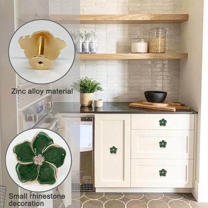4 pcs Petal Knob Handle Unique Zinc Alloy Flower Shape Single Hole Knob Handle for Cabinets,Drawers, Wardrobes Furniture Decoration(Green (Gold Bottom))