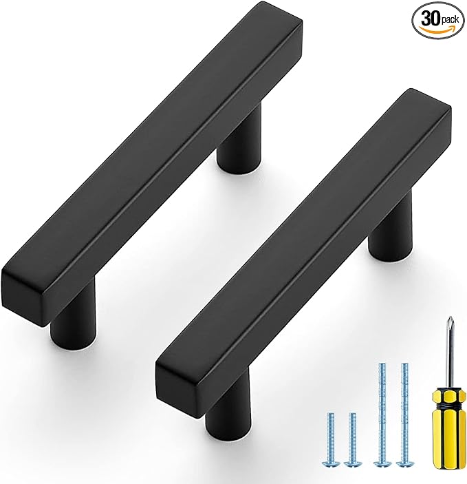 Ravinte Cabinet Handles 30 Pack - 2-1/2 Inch Matte Black Square Pulls, 4 Inch Overall Length - Kitchen Hardware Drawer Pulls