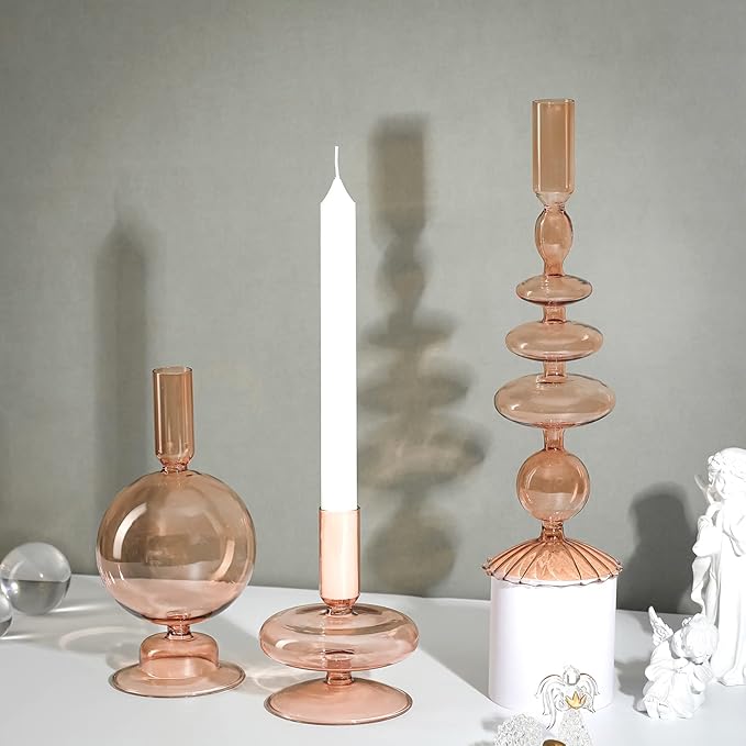 Rtteri 3 Pcs Glass Candlestick Holders Glass Candle Holders Groovy Wavy Elegant Taper Candle Stick for Wedding Home Birthday Party Christmas Halloween Decoration Windowsill Decor(Light Brown)