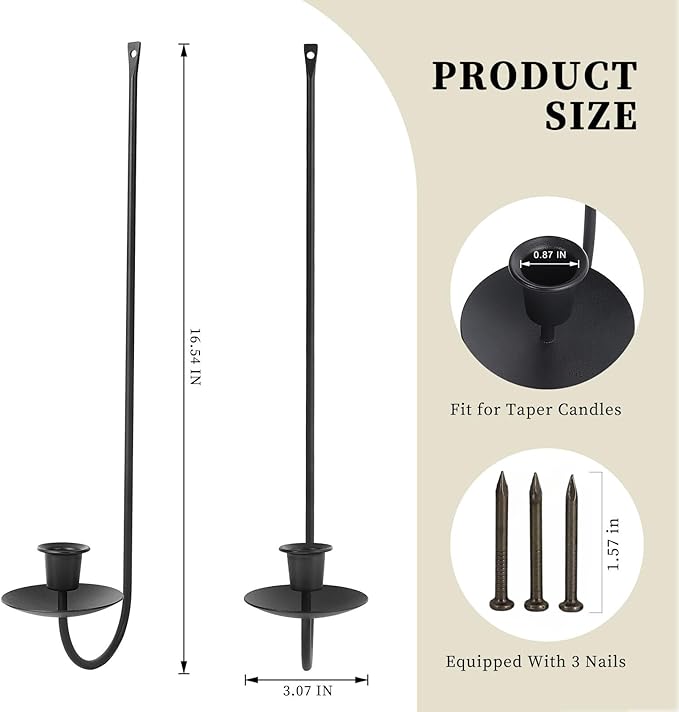 Wall Candle Holder Set of 2, Stylish Black Metal Wall Mount Candle Sconces, Modern Wall Decoration for Living Room, Farmhouse, Fireplace, and Weddings