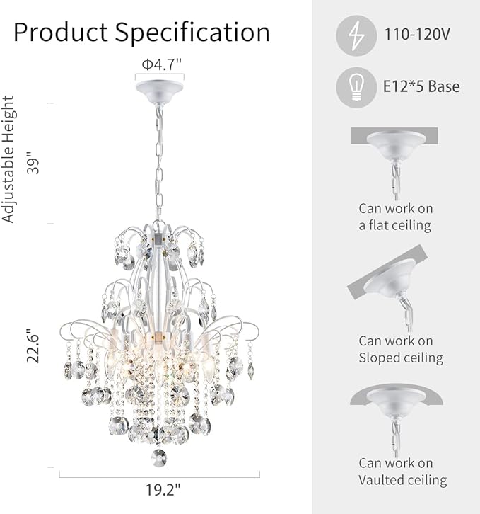 WUZUPS Crystal Chandelier 5-Light Pendant Ceiling Light Modern Lighting Fixture for Bedroom Hallway Bar Kitchen Bathroom, H 22.6'' x W 19.2'', E12 Base, White
