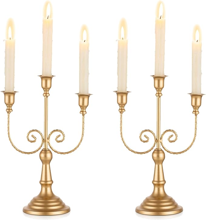 Romadedi Candelabra Gold Candle Holders - 3 Arm 11.8" Wedding Candlestick Holder for Theme Party Table Centerpiece Decor Dining Room Birthday Holiday Christmas, Set of 2