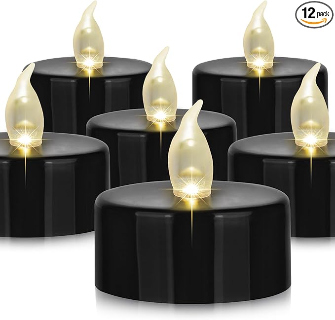 Battery Operated LED Tea Lights: 12PACK Flameless Votive Candles Lamp Realistic and Bright Flickering Holiday Gift Long Lasting 200Hours for Seasonal & Festival Celebration Black