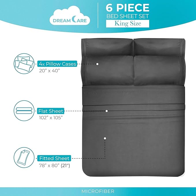 DREAMCARE Queen Sheet Set – 6 pcs Cooling Bed Sheets – up to 15” Deep Sheets Queen Size Bed Set – 2500 Supreme Collection – Extra Soft 100% Brushed Microfiber Hotel Luxury with Side Pocket – D Gray