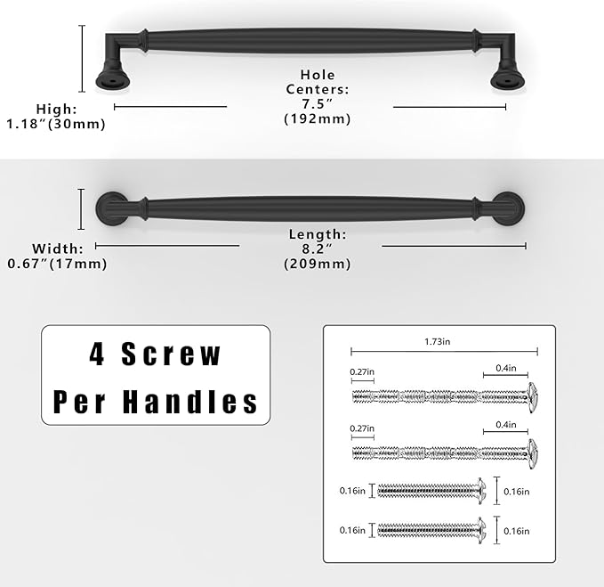 10 Pack Matte Black Cabinet Pulls 7.5 Inch(192mm) Kitchen Cabinet Handles Solid Zinc Alloy Cabinet Hardware Drawer Pulls